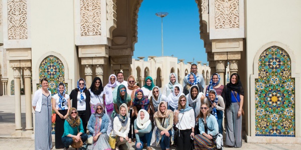 Indiana State University soccer team poses for a photo in front of the Hassan II Mosque in Casablanca, Morocco
